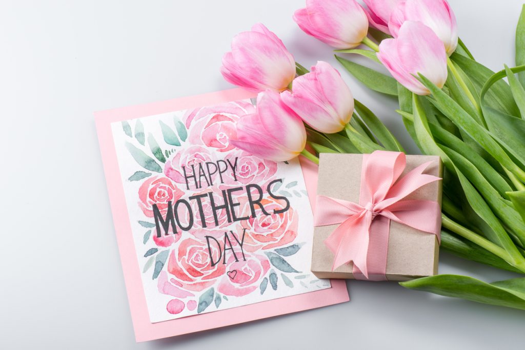 tulips, postcard, and gift for Mother's Day